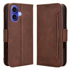 For iPhone 16 Plus Leather Case Phone Wallet Cover with Multiple Card Slots - Brown