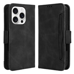For iPhone 16 Pro Leather Case Phone Wallet Cover with Multiple Card Slots - Black