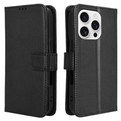 For iPhone 16 Pro Max Case PU Leather Diamond Texture Wallet Phone Cover - Black