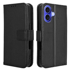 For iPhone 16 Plus Case PU Leather Diamond Texture Wallet Phone Cover - Black