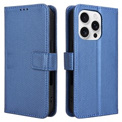 For iPhone 16 Pro Case PU Leather Diamond Texture Wallet Phone Cover - Blue