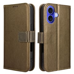 For iPhone 16 Case PU Leather Diamond Texture Wallet Phone Cover - Brown