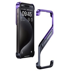 For iPhone 16 Pro Frameless Case S-Shaped Aluminium Alloy Phone Cover with Kickstand - Purple
