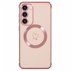 For Samsung Galaxy S23+ Magnetic Case Electroplated TPU Phone Cover Hollow Love Hearts - Rose Pink