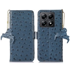 For Xiaomi 14T Pro Case RFID Blocking Genuine Cow Leather Phone Case Ostrich Texture - Blue