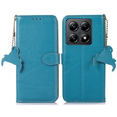 For Xiaomi 14T Case RFID Blocking Litchi Texture Genuine Cow Leather Phone Cover - Blue