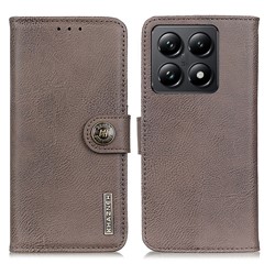 KHAZNEH For Xiaomi 14T Wallet Case Cowhide Texture Leather Flip Phone Cover - Khaki