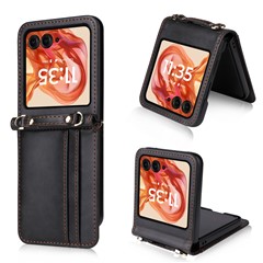 For Motorola Razr 2025 / Razr 2024 / Razr 60 / Razr 50 5G Case Card Slots Leather Phone Cover with Lanyard - Black