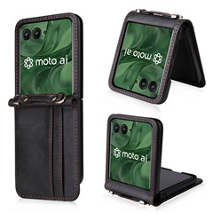 For Motorola Razr+ 2025 / Razr+ 2024 / Razr 60 Pro 5G / Razr 50 Ultra 5G Case Card Slots Leather Phone Cover with Lanyard - Black