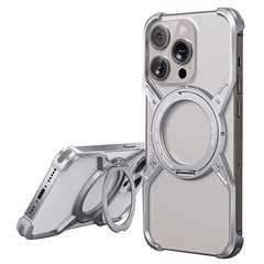 For iPhone 16 Pro Case Kickstand Frameless Aluminum Alloy Bumper Phone Cover - Silver