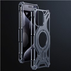 For iPhone 16 Pro Max Case Kickstand Frameless Aluminum Alloy+Silicone Phone Bumper Cover - Grey