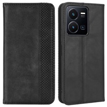 For vivo Y35 4G (2022) / Y22s 4G / Y22 4G Imprint Pattern Retro PU Leather Drop-proof Case Magnetic Auto-absorbed Phone Cover with Wallet Stand - Black