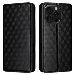 For iPhone 16 Pro Max Wallet Case Rhombus Imprinted Leather Phone Cover - Black