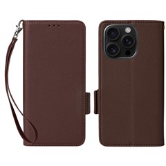 For iPhone 16 Pro Max Case with Wrist Strap Litchi Texture PU Leather Wallet Phone Cover - Brown