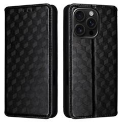 For iPhone 16 Pro Wallet Case Rhombus Imprinted Leather Phone Cover - Black