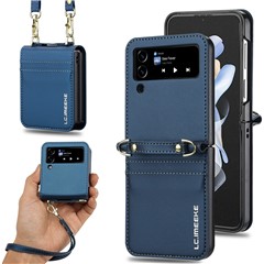 LC.IMEEKE L1 for Samsung Galaxy Z Flip3 5G Case Leather+PC Phone Cover with Straps Card Slots - Blue