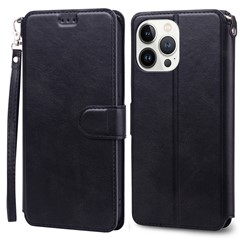 For iPhone 15 Pro Case PU Leather Flip Stand Wallet Phone Cover with Wrist Strap - Black