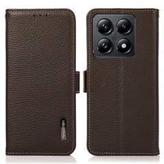 KHAZNEH For Xiaomi 14T Phone Case Genuine Cow Leather Cover RFID Blocking - Brown