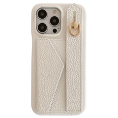 For iPhone 16 Pro Max Case Wristband Kickstand Card Slot PU Leather+PET Phone Cover - White