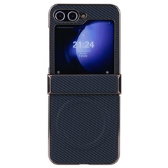 For Samsung Galaxy Z Flip5 5G Magnetic Case Hinge Protection Carbon Fiber Texture Leather+PC Electroplating Phone Cover - Black