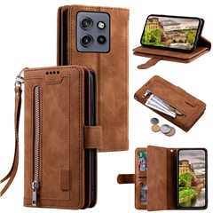 For Motorola Edge 50 Neo 5G / Moto S50 5G / Thinkphone 25 5G Case PU Leather Phone Cover with Zipper Wallet 9 Card Slots - Brown