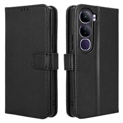 For vivo V40 Lite (Indonesia) 4G / 5G Case PU Leather Diamond Texture Wallet Phone Cover - Black