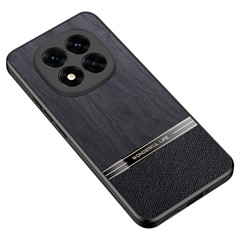 For Xiaomi Redmi Note 14 Pro+ 5G Case Wood Texture Leather Coated TPU Phone Protective Cover - Black