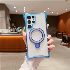 For Samsung Galaxy S23 Ultra Case Glitter Magnetic Kickstand Reinforced Corners Acrylic+TPU Phone Cover - Blue