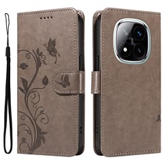 For Xiaomi Redmi Note 14 Pro+ 5G / Note 14 Pro 5G / Poco X7 5G PU Leather Cases Flower Pattern Wallet Stand Phone Cover with Strap - Grey