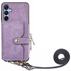 For Samsung Galaxy A16 5G  /  A16 4G Case Zipper Wallet Leather Phone Back Cover Kickstand with Shoulder Strap - Purple