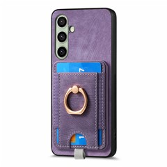 For Samsung Galaxy S24 FE Magnetic Case Card Holder Ring Kickstand PU Leather Phone Back Cover - Purple