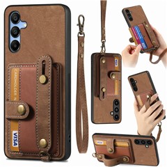 For Samsung Galaxy A16 4G / 5G Case Wristband Kickstand PU Leather Retro Back Cover Card Holder - Brown