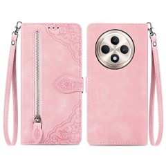 For Oppo F27 5G Zipper Wallet Case with Strap Flower Imprint PU Leather Phone Cover - Pink