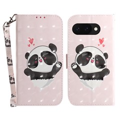 For Google Pixel 9a Case Pattern Printing Leather Wallet Phone Cover with Wrist Strap - Love Heart Panda