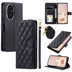 For Honor 200 5G Wallet Case Rhombus Grid PU Leather Phone Cover - Black