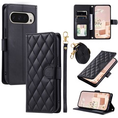For Google Pixel 9 Pro / Pixel 9 Wallet Case Rhombus Grid PU Leather Phone Cover - Black