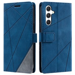 For Samsung Galaxy S25+ Case Imprinted Lines PU Leather Splicing Wallet Phone Cover - Blue