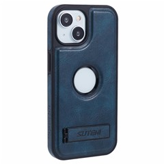 SUTENI G2 For iPhone 15 Magnetic Case Leather Phone Back Cover Waxy Texture Kickstand - Blue