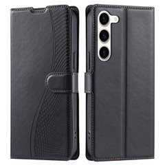 For Samsung Galaxy S23 Case Dots Imprinted PU Leather Flip Phone Cover with Card Slot, Strap - Black