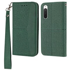 For Sony Xperia 5 IV 5G Case Woven Texture PU Leather Wallet Phone Cover - Blackish Green