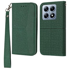 For Xiaomi 14T Pro Case Woven Texture PU Leather Wallet Phone Cover - Blackish Green