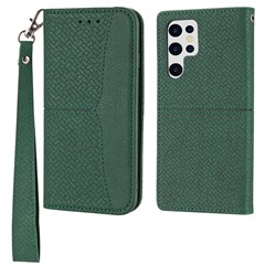 For Samsung Galaxy S25 Ultra Case Woven Texture PU Leather Wallet Phone Cover - Blackish Green