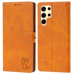 For Samsung Galaxy S25 Ultra Case Happy Cat Pattern Imprinted Leather Wallet Phone Cover - Yellow