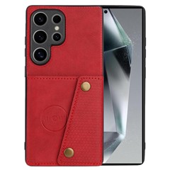 For Samsung Galaxy S25 Ultra Case Card Slots Kickstand Leather + TPU Phone Cover - Red
