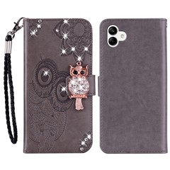 For Samsung Galaxy A06 4G Wallet Case Owl Flower Imprinted Rhinestone Leather Cover - Grey