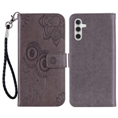 For Samsung Galaxy S24 FE Case Owl Flower Imprinted Leather Cover Wallet with Strap - Grey