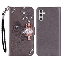 For Samsung Galaxy S24 FE Wallet Case Owl Flower Imprinted Rhinestone Leather Cover - Grey