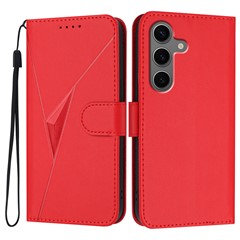 YX0090 For Samsung Galaxy S25+ Case Triangle Imprint Leather Phone Cover with Lanyard - Red