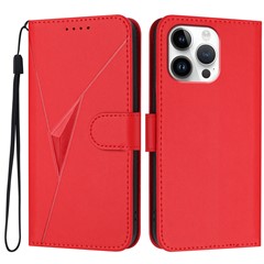 YX0090 For iPhone 16 Pro Max Case Triangle Imprint Leather Phone Cover with Lanyard - Red