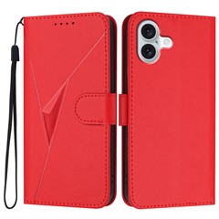 YX0090 For iPhone 16 Plus Case Triangle Imprint Leather Phone Cover with Lanyard - Red
